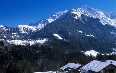 France, Haute Savoie, view of the Mont Blanc massif from the village of Saint Nicolas de Veroce