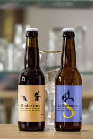 France, Lozere, La Bastide-Puylaurent, hiking with a donkey on the Robert Louis Stevenson Trail (GR 70), the two local beers that have Stevenson's Trail as their theme