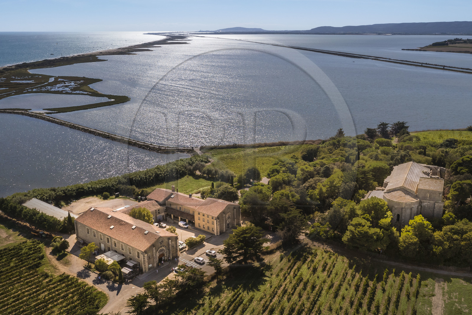 France, Hérault (34), Villeneuve-lès-Maguelone (Palavas-Les-Flots), cathédrale Saint-Pierre-et-Saint-Paul de Maguelone des XIIème et XIIIème siècles entourée de vignes sur son île, l'Etang de Pierre Blanche en arrière plan (vue aérienne)