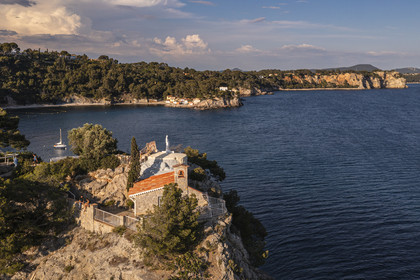 France, Var, the Rade (Roadstead) of Toulon, Cap Brun, the chapel of Notre Dame du Cap Falcon which overlooking the harbor of the small houses of Mejean cove (aerial view)