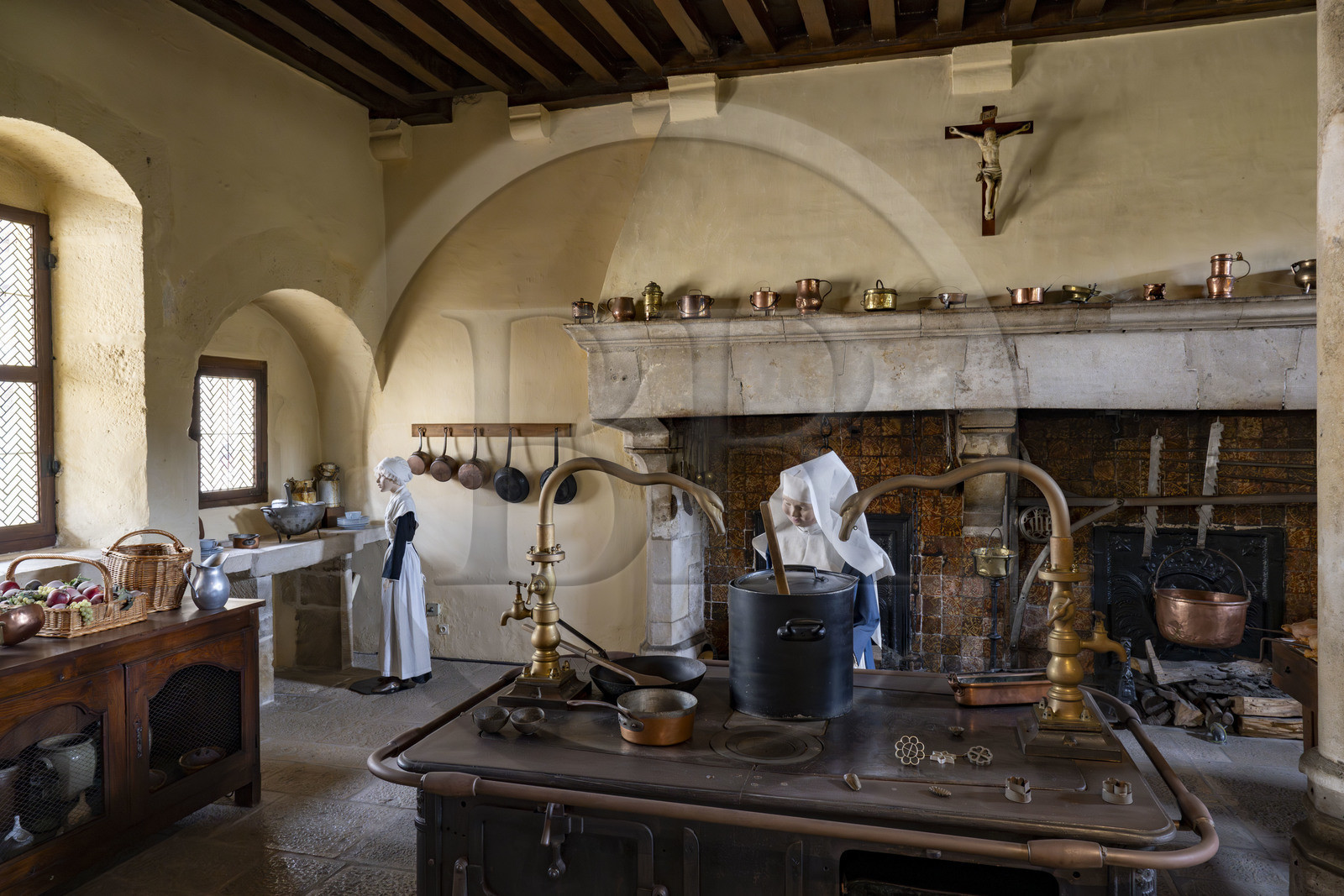 France, Côte-d'Or (21), Beaune, zone classée Patrimoine Mondial de l'UNESCO, Hospices de Beaune, l'Hôtel-Dieu, reconstitution dans les cuisines