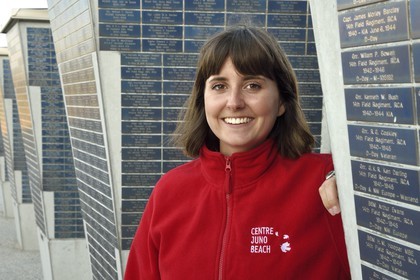 France, Calvados, Courseulles sur Mer, Juno Beach Centre, Leigh Hunter young Canadian volunteer animating the museum dedicated to Canada's role during the Second World War, plaques listing the museum donors