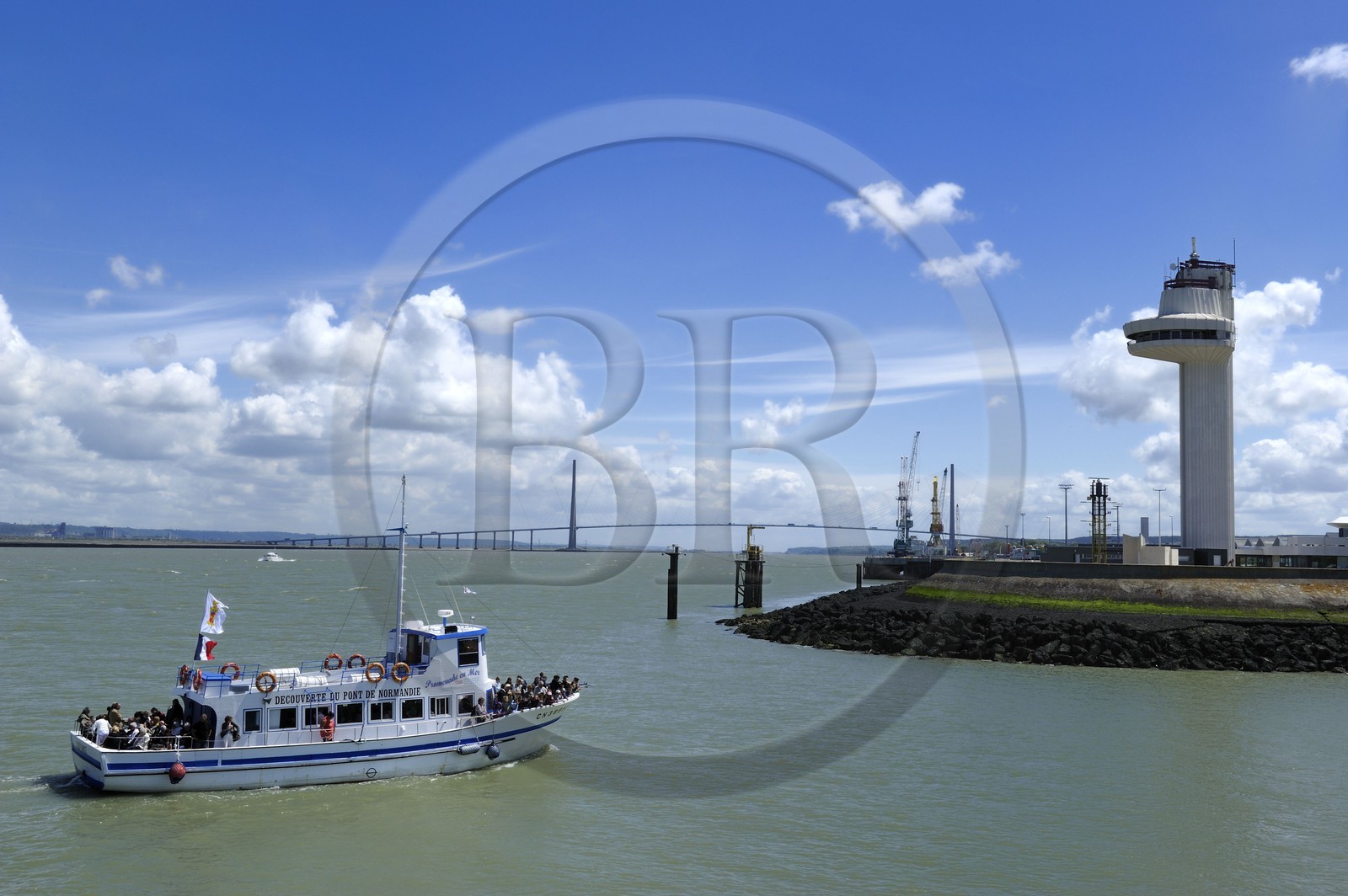 France, Calvados, the Pont de Normandie (Normandy Bridge) spans the Seine to connect the towns of Honfleur and Le Havre, entrance of the port of Honfleur