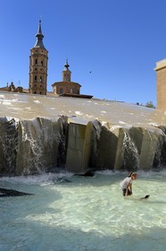 Espagne, Aragon, Saragosse, Plaza del Pilar, la Fuente de la Hispanidad et le clocher penché de l'église San Juan de Los Panetes