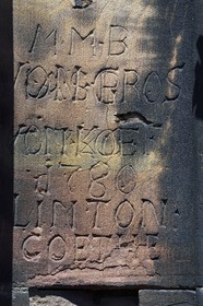 France, Bas Rhin, Strasbourg, old town listed as World Heritage by UNESCO, Notre Dame Cathedral, visitors having engraved in the sandstone of the octagonal tower their name in graffiti often by a guardian stonecutter, here Goethe with his friends in 1780