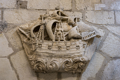 France, Charente Maritime, La Rochelle, the Old Port, Tour Saint Nicolas, bas-relief representing a warship on the fireplace of the Captain's room