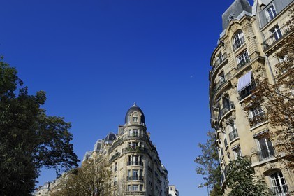 France, Paris (75), les immeubles haussmanniens de la rue Manin en bordure du parc des Buttes Chaumont
