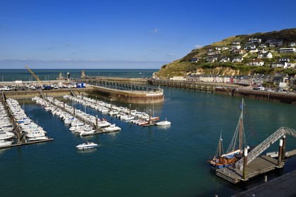 France, Seine-Maritime (76), Pays de Caux, Côte d'Albâtre, le vieux gréement la Tante Fine à quai dans le port et le Cap Fagnet en arrière plan