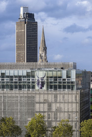 France, Loire-Atlantique (44), Nantes, oeuvre de l'artiste Orlan affichée en haut de l'immeuble quai André Morice et la Tour de Bretagne en arrière plan