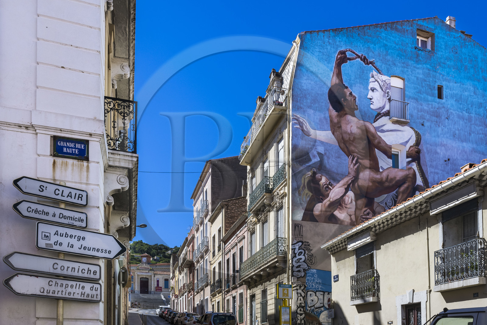 France, Hérault (34), Sète, le Quartier Haut, fresque murale qui fait parti du MACO - Musée à ciel ouvert, Le Sac de Rome par l'artiste Andrea Ravo Mattoni