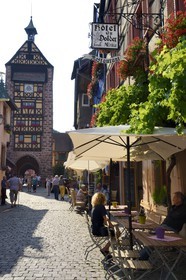 France, Haut Rhin, Riquewihr, labelled Les Plus Beaux Villages de France (The Most Beautiful Villages of France), the main street (rue du Général de Gaulle), the Dolder gate