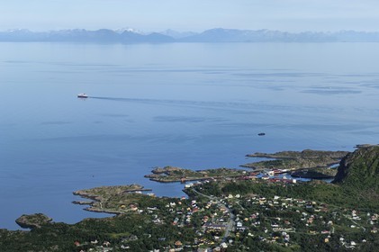 Norway, Nordland County, Lofoten Islands, the Coastal Express (Hurtigruten) (aerial view)