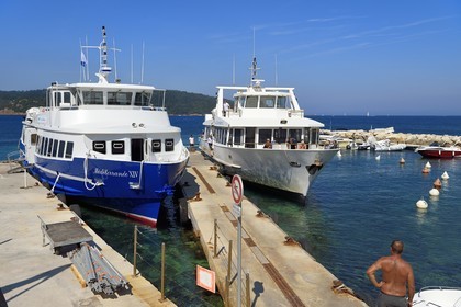 France, Var (83), Iles d'Hyères, Parc national de Port Cros, Ile du Levant, domaine naturiste d'Héliopolis, le port, Vedettes Iles d'Or et Le Corsaire effectuant la navette avec le continent