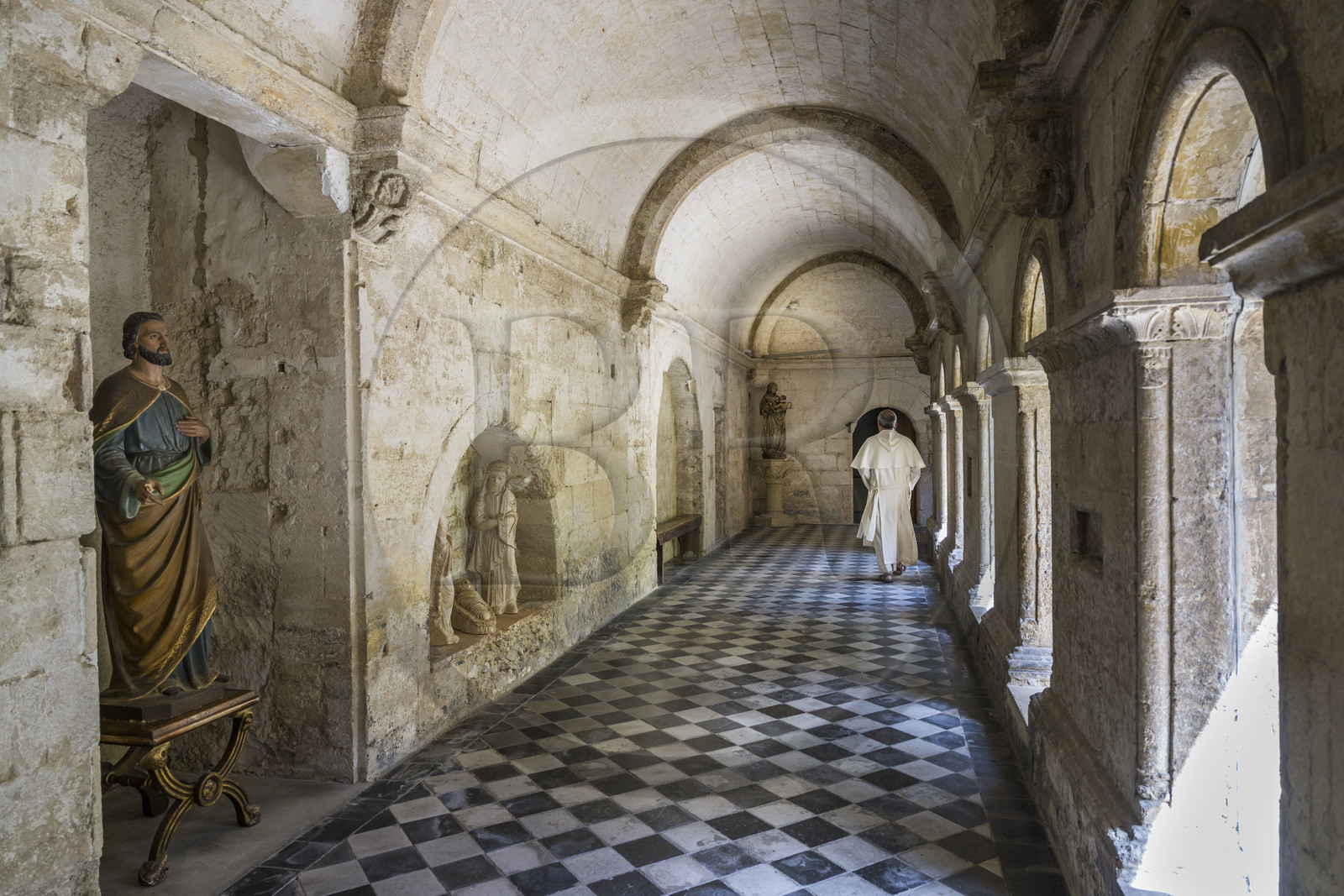 France, Bouches-du-Rhône (13), Tarascon, La Montagnette, abbaye Saint-Michel de Frigolet, le cloitre du XIIe siècle attenant à l'église Saint-Michel