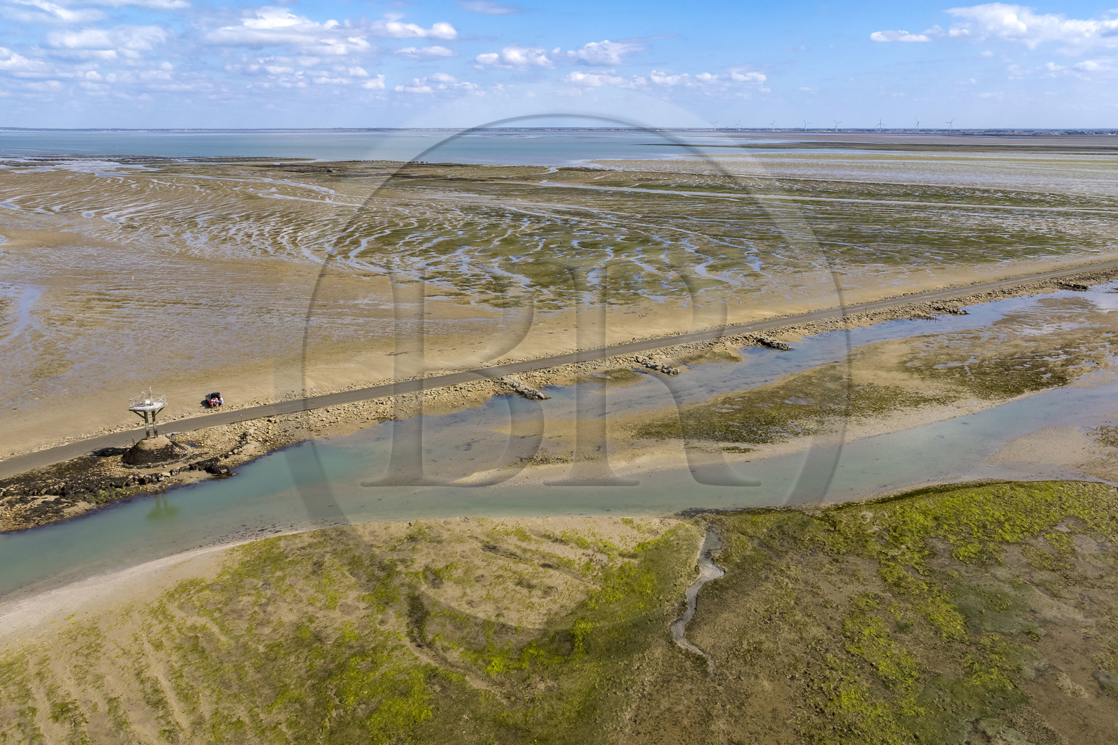 France, Vendée (85), île de Noirmoutier, Barbatre, l'estran en bordure du passage du Gois, chaussée submersible qui relie l'île au continent à marrée basse (vue aérienne)