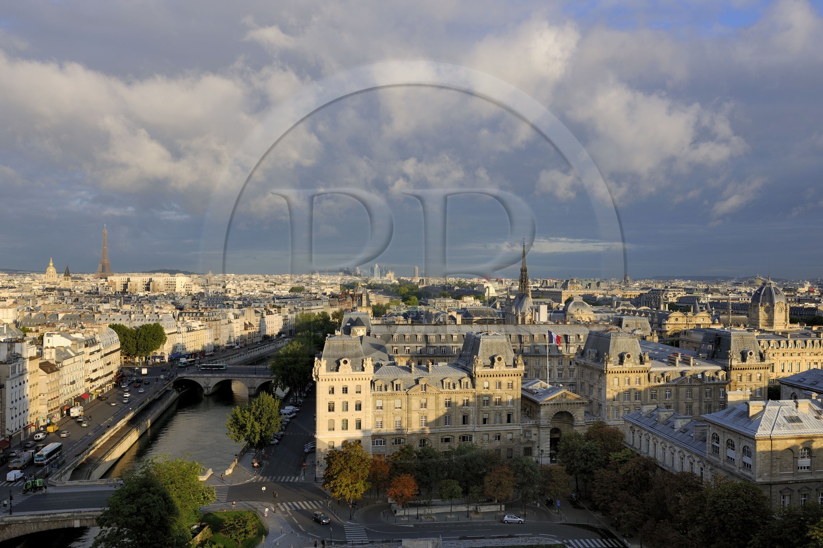 France, Paris, panorama from Notre Dame de Paris cathedrale with the banks of the Seine listed as World Heritage by UNESCO and the Eiffel Tower, in the foreground the Paris Police Headquarters