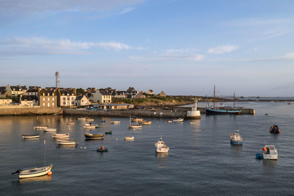 France, Finistère, Iroise Sea, Molene archipelago, Molene Island, the village and the port in the early morning (aerial view)