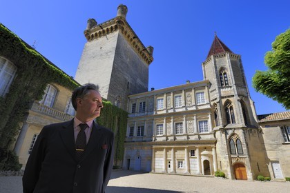 France, Gard, Uzes, listed as town of art and history, Duke's castle called the Duche d'Uzes, listed as historical monument, Monsieur le Duc of Uzes in front of the Bermonde Tower