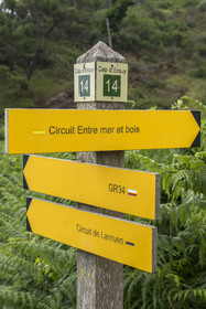 France, Cotes d'Armor, Grand Site de France Cap d'Erquy – Cap Frehel, Erquy, direction signs on the GR34 hiking trail along the Guen beach