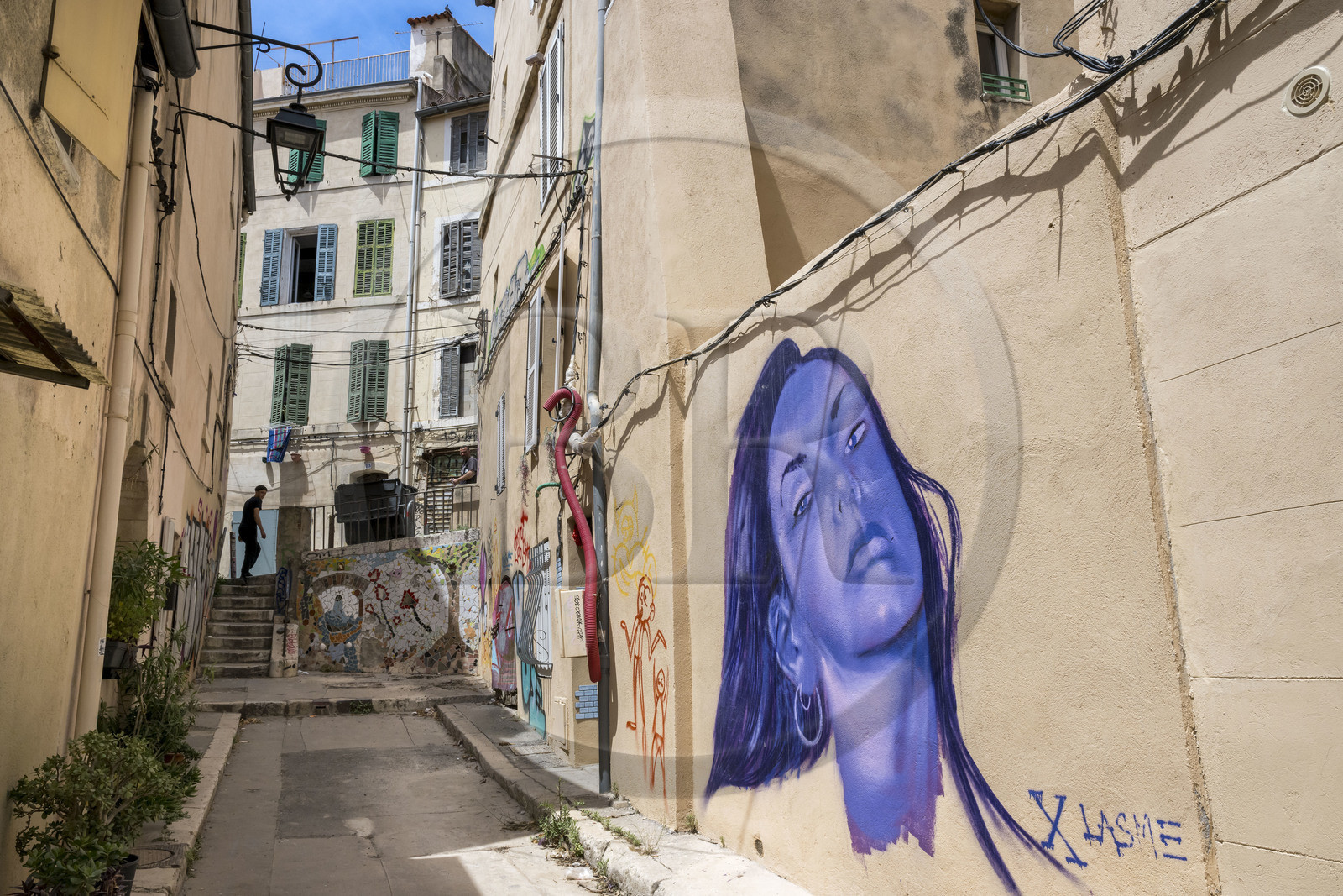 France, Bouches-du-Rhône (13), Marseille, quartier du Panier, peintures murales et graffitis dans la rue de l'hotel Dieu