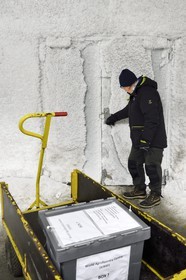 Norway, Svalbard, Spitzbergen, Longyearbyen, Svalbard Global Seed Vault (Seed Bank), antechamber of the 3 storage areas dug in the rock and at a constant temperature of -4°C provided by the permafrost, access door at the storage room artificially maintained at -18°C