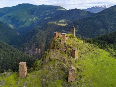 Georgia, Kakheti, Tusheti region, Omalo, the fortress of Keselo in Zemo (upper) Omalo served as a refuge for locals in wartime, medieval fortified towers (aerial view)