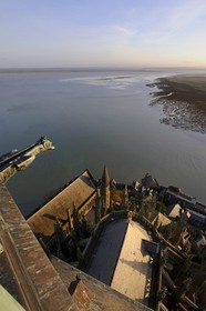 France, Manche, Mont Saint Michel, listed as World Heritage by UNESCO, Apse and the bay seen from the spire at dawn