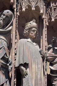 France, Bas Rhin, Strasbourg, old town listed as World Heritage by UNESCO, Notre Dame Cathedral, the western facade, the central portal called of the Virgin and the Prophets, atypical among the Prophets the probable portrait of Master Erwin Steinbach (1284-1318) or his son Jean (1318-1339)