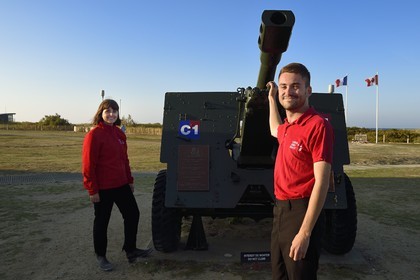 France, Calvados, Courseulles sur Mer, Juno Beach Centre, Leigh Hunter and Bruno Gilbert-Samson,  young Canadian volunteers animating the museum dedicated to Canada's role during the Second World War