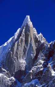 France, Haute Savoie, Chamonix valley, Mer de glace (Sea of ice) in the Vallee Blanche, Mont Blanc, Aiguille of the Dru at the summit of the Aiguille verte