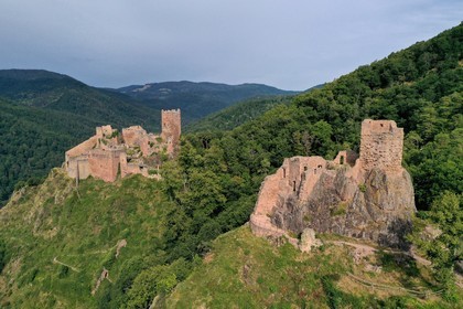 France, Haut Rhin, the Alsace Wine Route, Ribeauville, the Saint Ulrich Castle left and the Girsberg Castle on the right (aerial view)