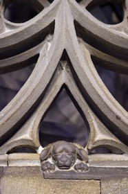 France, Bas Rhin, Strasbourg, old town listed as World Heritage by UNESCO, Notre Dame Cathedral, the pulpit of the great preacher Geiler of Kaysersberg by sculptor Hans Hammer in 1485, sculpture of Geiler's little dog may be an allusion to the Dominican preacher (domini canis or the Lord's dog) and to faithfulness