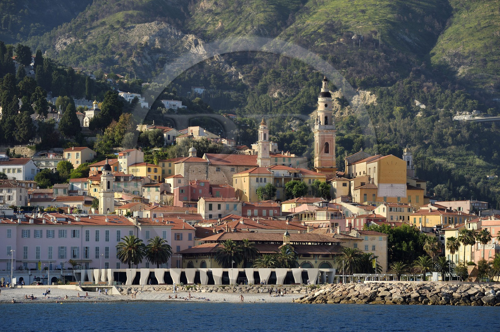 France, Alpes-Maritimes, Menton, old town dominated by the St Michel Basilica, , Jean Cocteau Museum built in 2008 by architect Rudy Ricciotti in the foreground
