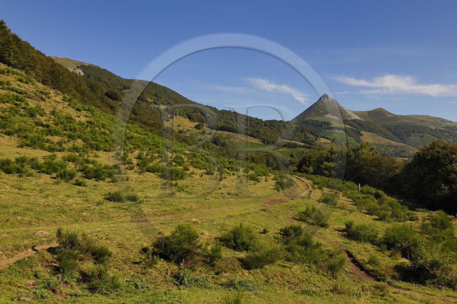 France, Cantal, Monts du Cantal, Parc Naturel Regional des Volcans d' Auvergne (Regional Nature Park of the Volcanoes of Auvergne), Saint Jacques des Blats on the Way of St. James to Santiago de Compostela by Via Arverna, the valley of the Cère and the Puy Griou (1694m)