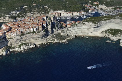 France, Corse du Sud, Bonifacio, the limestone cliffs, the citadel and the old town (aerial view)