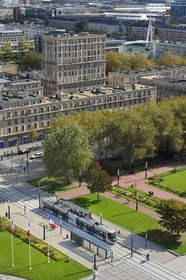 France, Seine Maritime, Le Havre, Downtown rebuilt by Auguste Perret listed as World Heritage by UNESCO, trams on the square in front of the City Hall and the footbridge of the Bassin du Commerce in the background