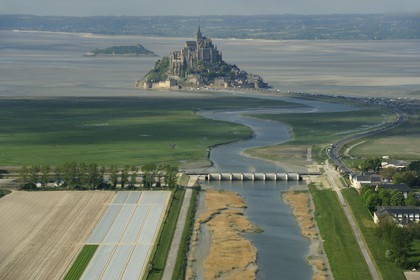 France, Manche, Mont-Saint-Michel abbey, dam on the Couesnon (aerial view)
