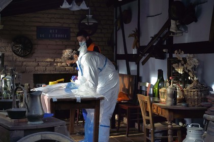 France, Bas-Rhin, Schiltigheim, intervention of two engineers from the National Agency for the Management of Radioactive Waste (Andra) in a private home to remove radioactivity from a rare model of a century-old radium fountain