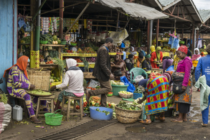 Rwanda, Province du Nord, Musanze (anciennement nommée Ruhengeri), le marché central, femmes écossant des petits pois