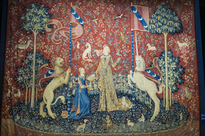 France, Paris, Musée de Cluny - Musée national du Moyen-Age (Middle Ages Museum in the former Hotel de Cluny), tapestries of the Lady and the Unicorn called The Taste - one of the 5 senses (circa 1500, wool and silk)