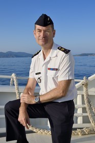 France, Var (83), Iles d'Hyères, Parc national de Port Cros, sur un bateau à l'approche de l'Ile du Levant, l’ingénieur général de l’armement Francois-Xavier Dufer, directeur du centre DGA Essais de missiles