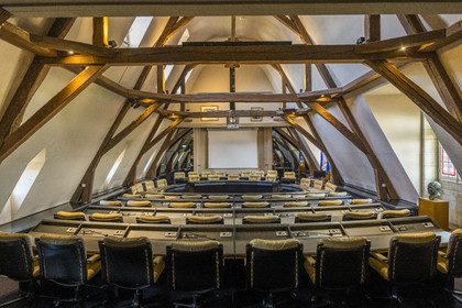 France, Nièvre, Nevers, the Pierre Bérégovoy room where the Municipal Council meets, installed under the medieval framework of the ducal palace, a 15th and 16th century castle, former residence of the Counts and Dukes of Nevers