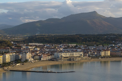 France, Pyrenees Atlantiques, Basque Country coast, Saint-Jean-de-Luz, the Grande Plage and the La Rhune mountain in the background (aerial view)