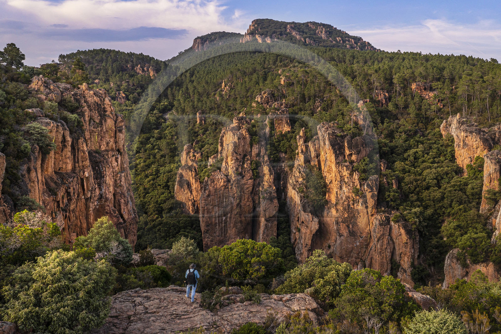 France, Var (83), entre Bagnols-en-Forêt et Roquebrune-sur-Argens, randonneur à l'entrée des Gorges du Blavet (vue aérienne)