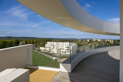 France, Côte-d'Or (21), les climats de Bourgogne classés Patrimoine Mondial de l'UNESCO, Beaune, la Cité des vins et climats de Bourgogne de l’agence Siz’-ix avec l’architecte Emmanuelle Andreani