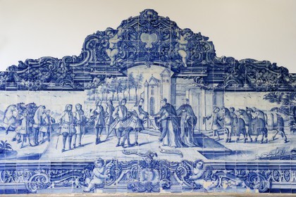 Portugal, Minho region, Guimaraes, Pousada de Santa Marinha da Costa, azulejo - glazed tiles depicting the life of the monastery of the 18th c.