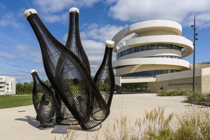 France, Cote d'Or, Climats terroirs of Burgundy listed as World Heritage by UNESCO, Beaune, the Cité des vins et climats de Bourgogne by the Siz’-ix agency with the architect Emmanuelle Andreani, Embouteillage (Traffic Jam but also Bottling) (2017) work by the artist Sylvain Subervie