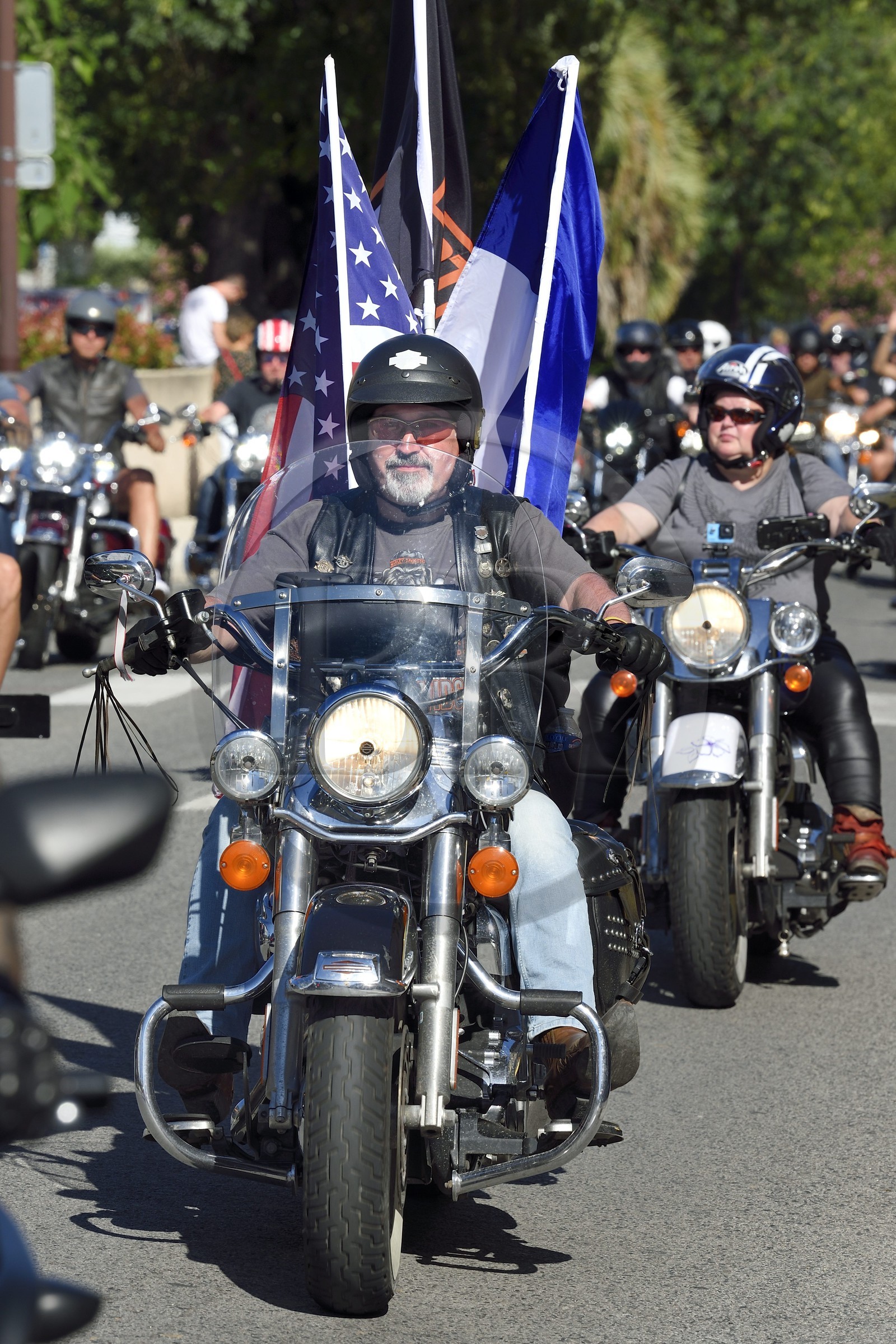France, Var (83), Presqu'Ile de Saint-Tropez, Cogolin, défilé de Harley pour l'Eurofestival, plus gros rassemblement de Harley-Davidson d'Europe France, Var (83), Presqu'Ile de Saint-Tropez, Cogolin, défilé de Harley pour l'Eurofestival, plus gros rassemblement de Harley-Davidson d'Europe