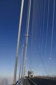 France, between  Calvados and Seine Maritime, the Pont de Normandie (Normandy Bridge) spans the Seine in the Fog