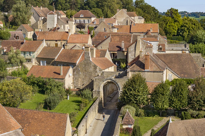 France, Yonne, Montreal (Burgundy), the fortified entrance gate to the village (aerial view)